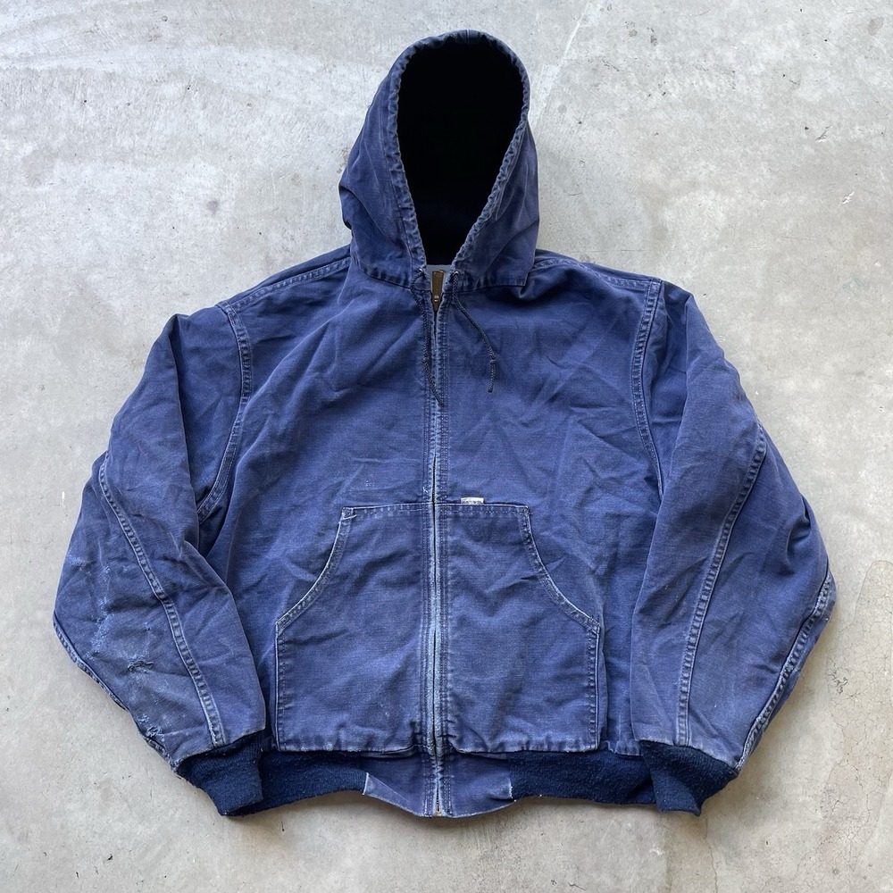 Vintage Carhartt Faded Storm Blue Hooded Jacket JR102 Lined Size Large‎ 80s